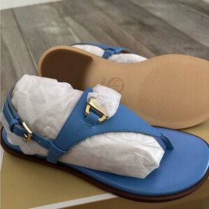 Blue Leather Sandals with Gold Buckle